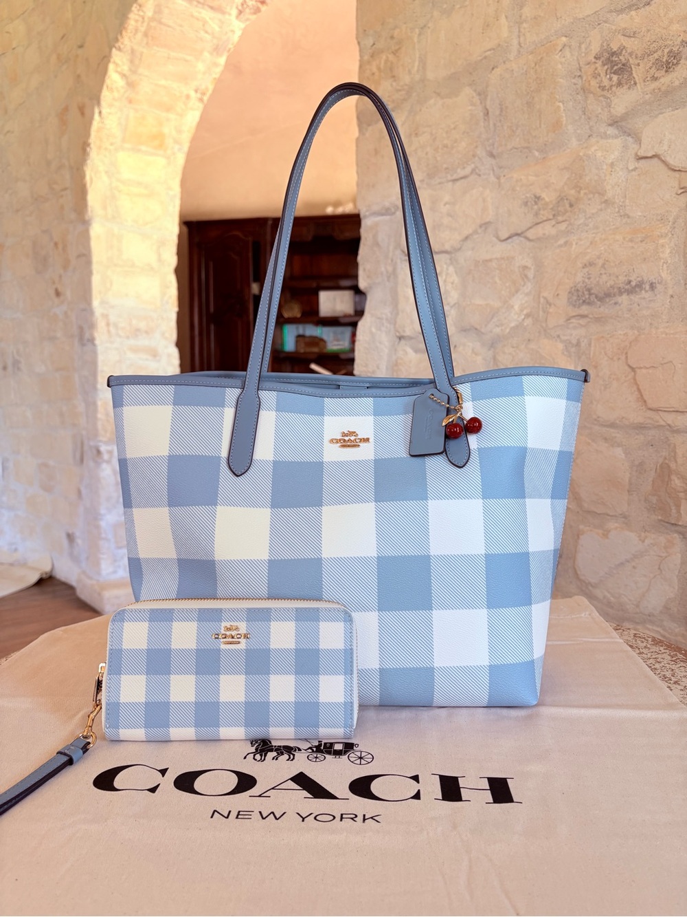 Coach Light Blue and White Gingham Tote with Matching Wallet